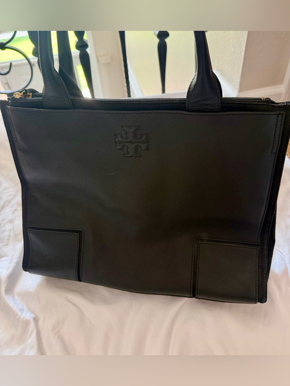 Tory Burch Black Leather Tote with Logo Detail